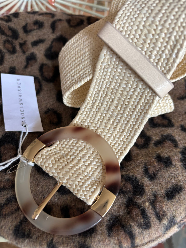 Raffia Belt gold -tortoise shell buckle
